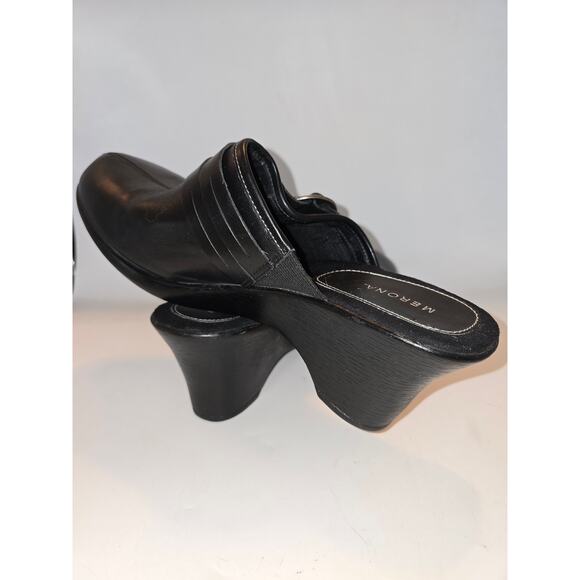 Merona‎ Women's Mules Heels Black Leather Slip On Strap Buckle 11 - Picture 6 of 10